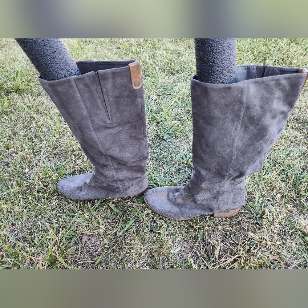 Gray Suede Knee-High Boots